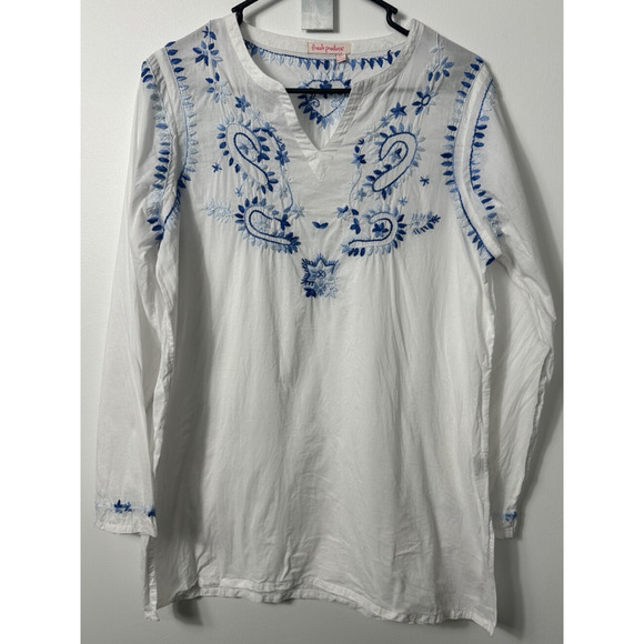 FRESH PRODUCE M/L White Blue 'Tangier' Tunic Embroidered Vacation Coverup B1 - Picture 1 of 7